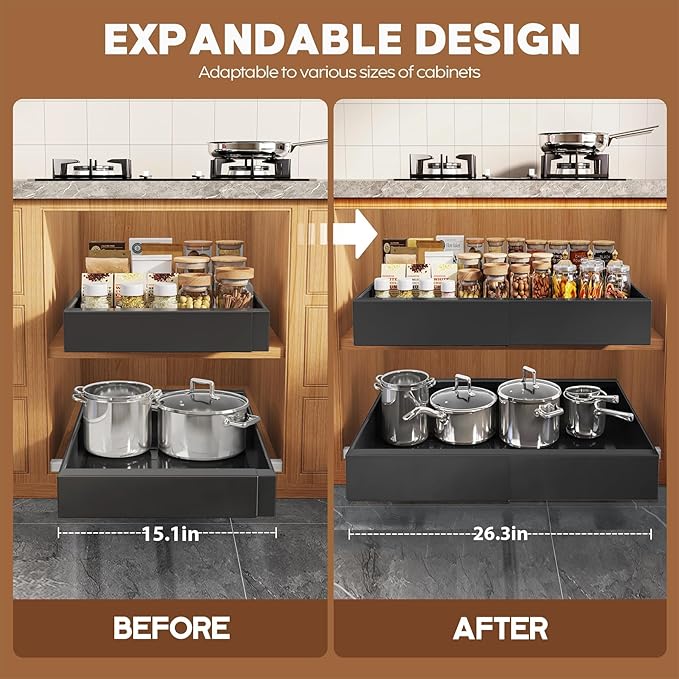 4 Pack Expandable (15.1"-26.3") Pull Out Cabinet Organizer 21" Deep With Raising Pad for Framed Cabinets,Upgrade 3 Slide Rails Slide Out Drawers,No Drill Roll Out Shelves Adhesive,Black