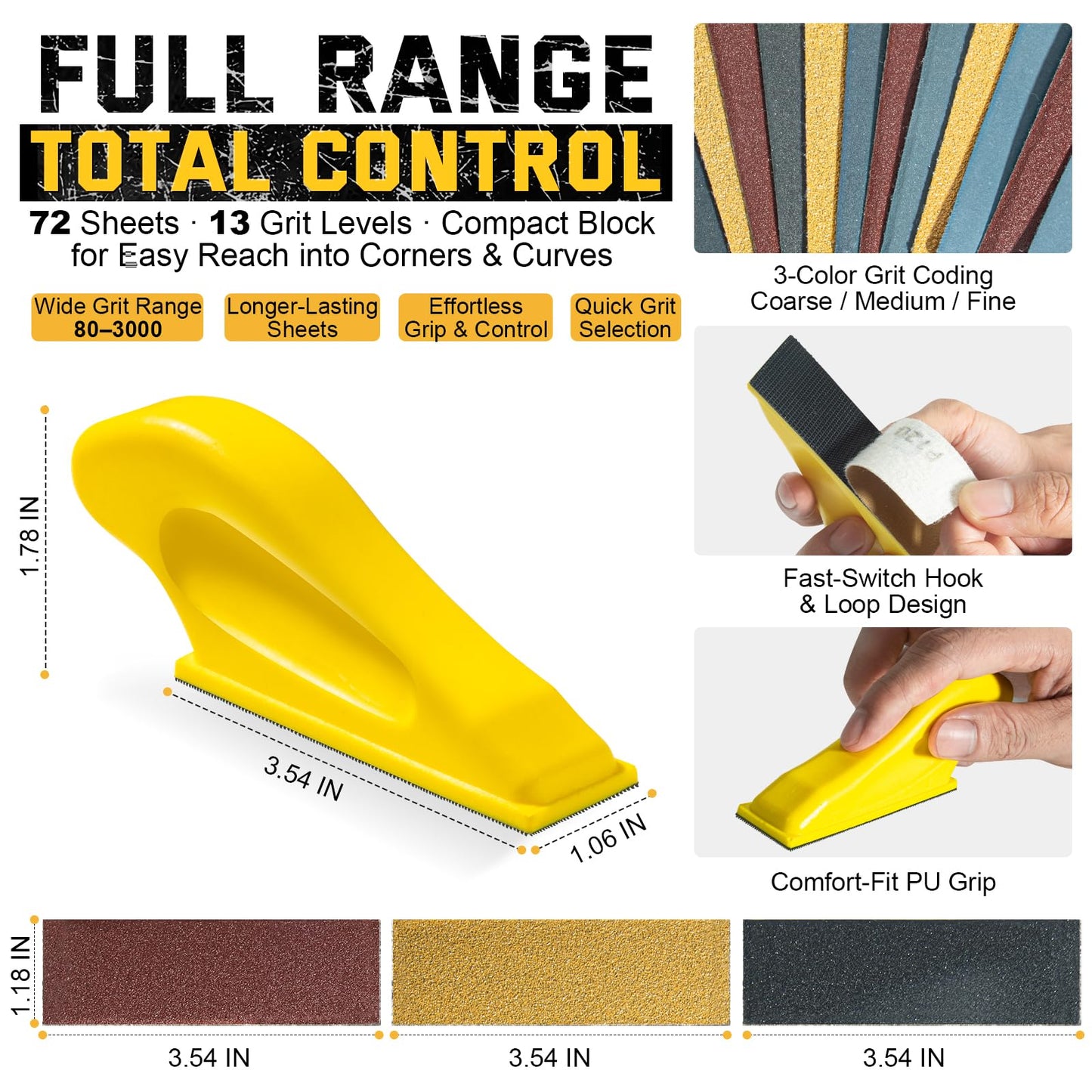 Christmas & Birthday Gift for DIY Lovers – XIWEYLA 72PCS Sandpaper Set with Ergonomic Hand Sander, Micro & Detail Sander, 13 Grit Levels 80–3000, Color-Coded Sandpaper for Wood, Crafts & Furniture