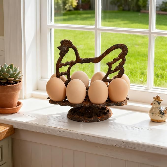 Vintage Cast Iron Chicken Egg Holder, Rustic Farmhouse Kitchen Decor Egg Tray, Heavy Duty Retro Decorative Table Display Stand for 8 Eggs (Antiqued Rusty)
