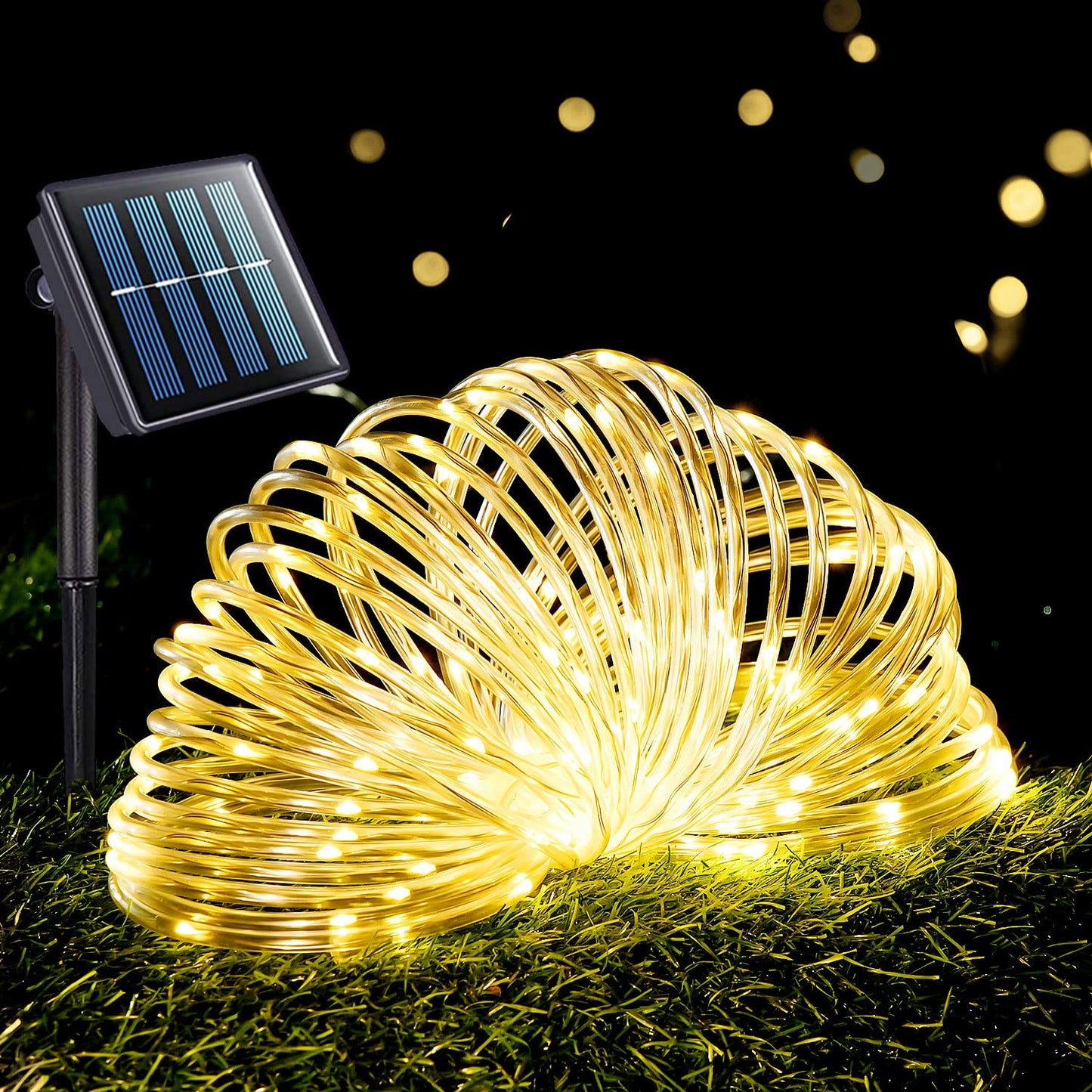 POTIVE Solar Rope Lights, 66Ft, 200 LED, Warm White, Waterproof, 8 Modes for Outdoor Decor