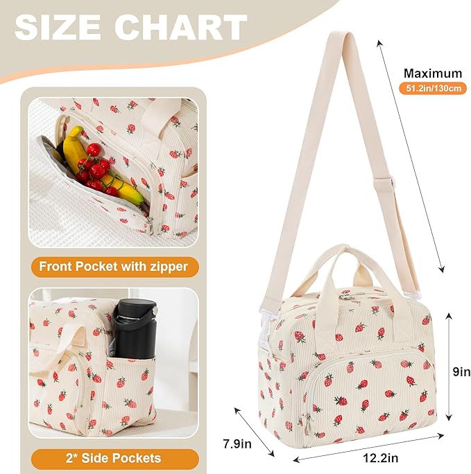 Large Lunch Bag for Women Strawberry Insulated Lunch Box Reusable Cooler Bag Portable Cute Corduroy Leakproof Tote Bags for Travel, Work, and Picnic