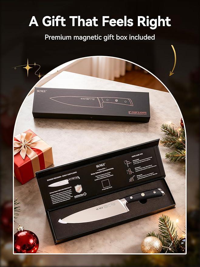 SUNLY 8 Inch Chef Knife – Full-Tang Professional Kitchen Knife, German DIN 1.4116 Stainless Steel, 58±2 HRC Hardness, Triple-Honed Blade, Anti-Slip Handle, Premium Box for Christmas Gifts