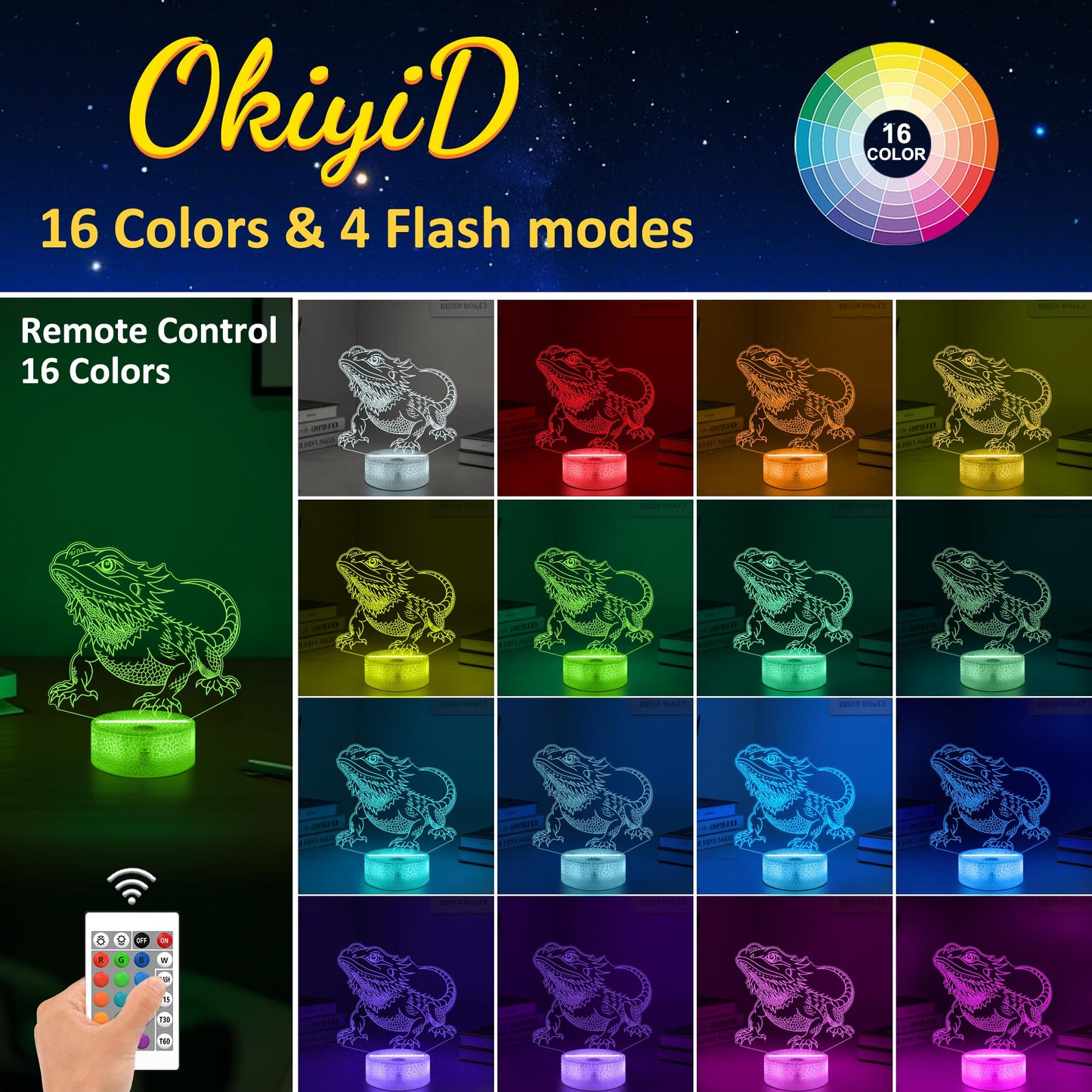 OkiyiD 3D Bearded Dragon Night Light Lamp - 16 Color Remote Control, Acrylic, Blue, Model DL-OK100