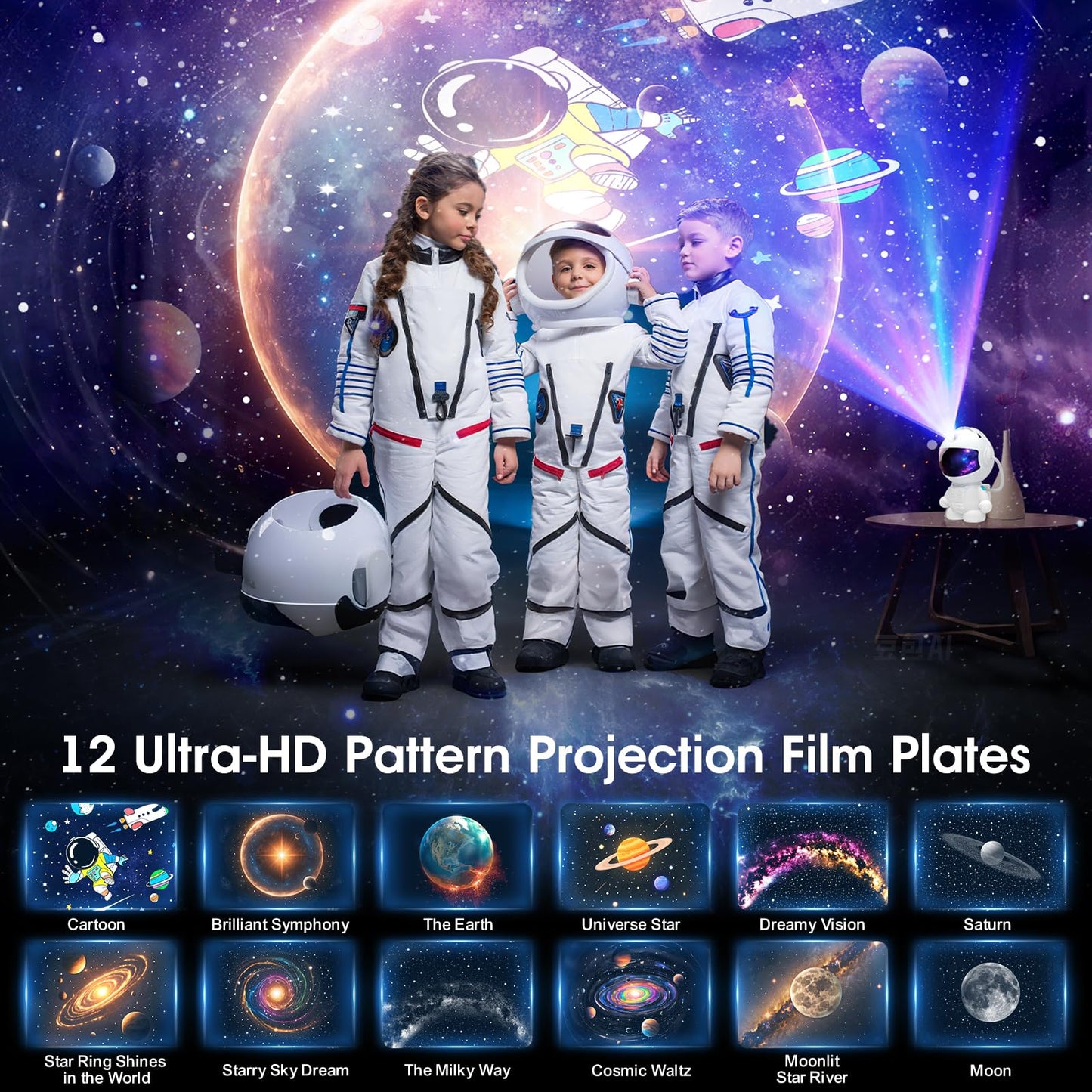 FSSQBFLC Astronaut  tarium Projector, LED Galaxy Lamp, 12 Image Discs, White, Model HT-F05