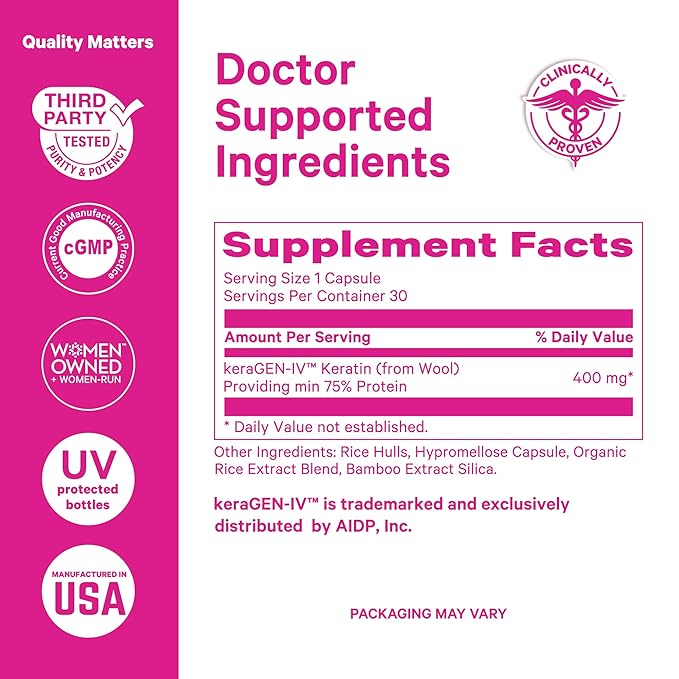 Pink Stork Keratin Hair Loss Supplement for Women - Clinically Studied KeraGEN-IV for Hair Care, Thinning, Shedding and Beauty - Hair Skin and Nails Support - Postpartum Hair Growth - 30 Capsules