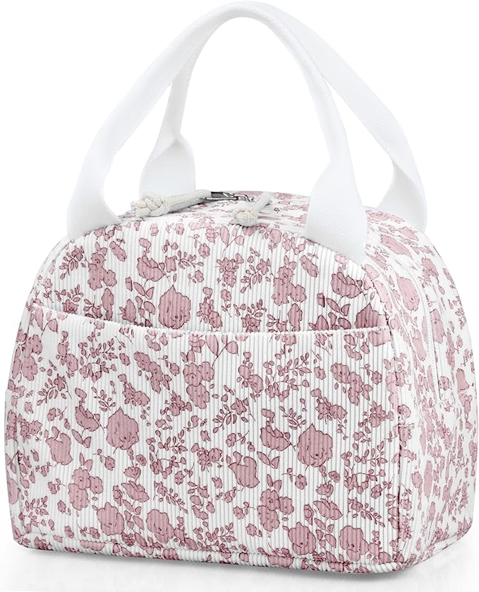 Lunch Bag - Insulated Lunch Box for Women, Reusable Large Capacity Cooler Bag for Adult, Small Leakproof Cute Corduroy Lunch Tote for Work Office Travel Picnic (Corduroy Pink-Flower)