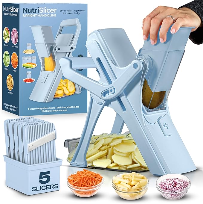 EMSON Safe Mandoline Slicer for Kitchen, All in 1 Mandoline Slicer for Food Works as Potato Slicer, Vegetable Slicer, Food Slicer, French Fry Cutter and More with 5 Blades and Storage Container