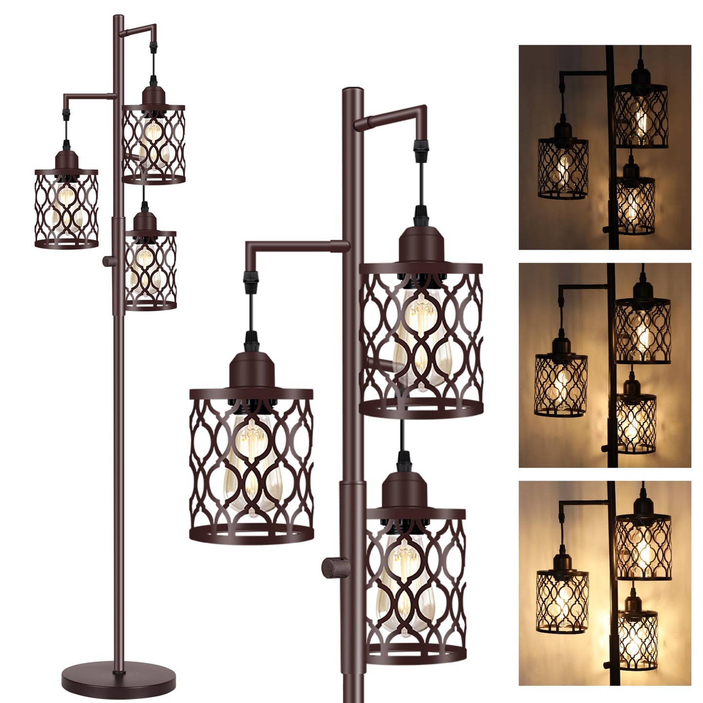 Rottogoon 68 Dimmable Industrial Floor Lamp, 3 Light Rustic Metal Design, Brown, Model Rodlldd24314, Includes 3 Pcs 6W E26 Bul