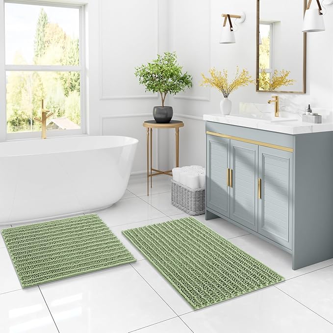 Arotive Luxury Chenille Bathroom Rug Mat, Extra Soft Thick Absorbent Shaggy Bath Rugs, Non-Slip Machine Wash Dry, Plush Bath Mats for Bathroom, Shower and Tub, 45x27, Sage Green