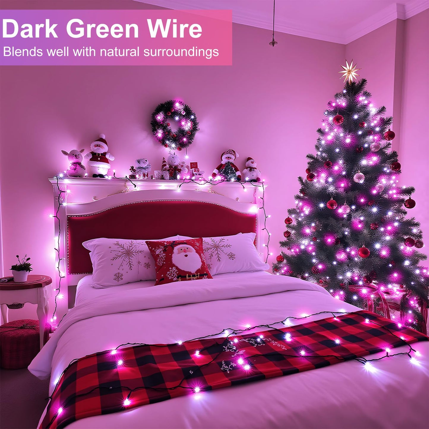 Nielfoi 100Ft 300 Led Christmas Lights  Christmas Tree Lights With 8 Modes Waterproof  Green Wire Outdoor String Lights  Plug In Xmas Decorations For Indoor House Yard Holiday  Pink White