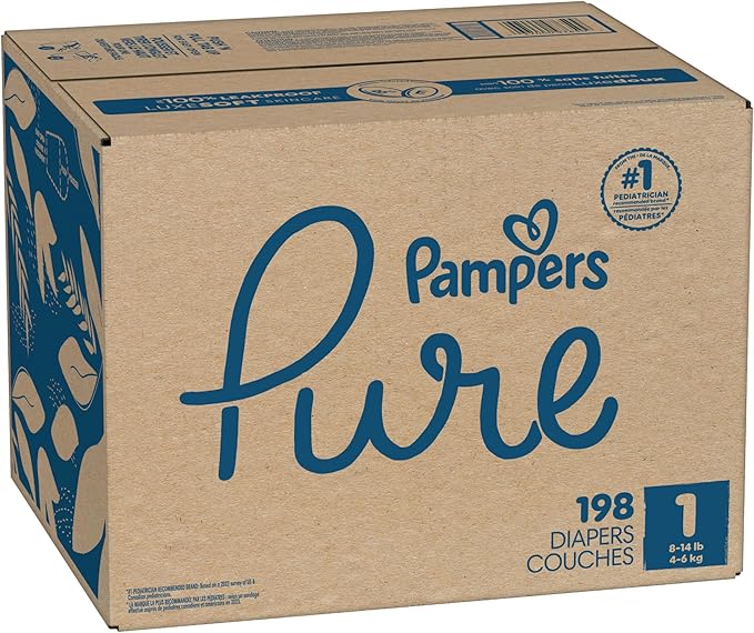 Pampers Pure Protection Baby Diapers, Size 1 (8-14 lbs), 198 Count, Up to 100% Leakproof, Premium Plant-Based Skin Protection, Hypoallergenic Soft Diapers