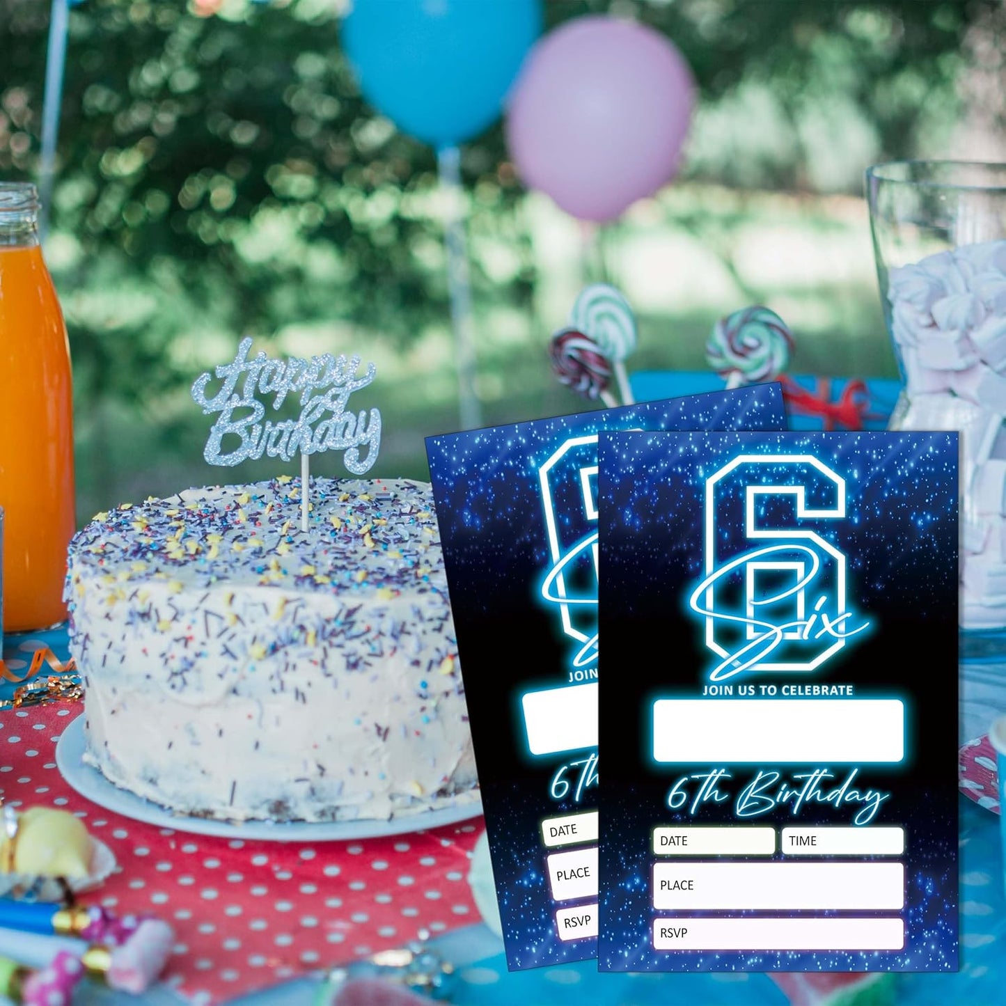 SIXEIGHT Blue 6th Birthday Party Invitations for Boys, Glow Neon Birthday Invitations, 20 Double Sided Invite Cards with Envelopes for Kids Girls, Party Decorations Supplies, 4"x6"-C06