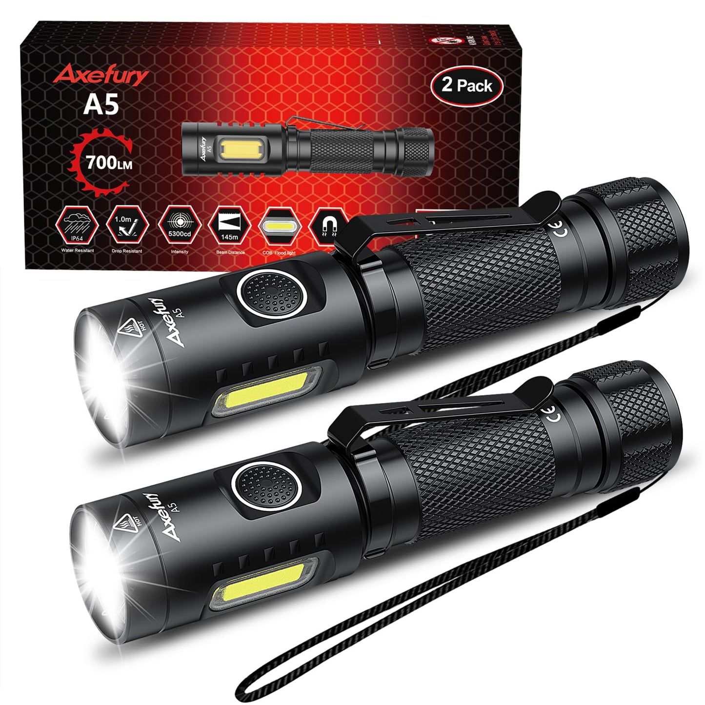 axefury A5 Flashlight,EDC Flashlight with Magnet, 2Pack Mini Tactical Flashlight,Dual Fuel Max 700 High Lumens,6 Modes,Cob workl