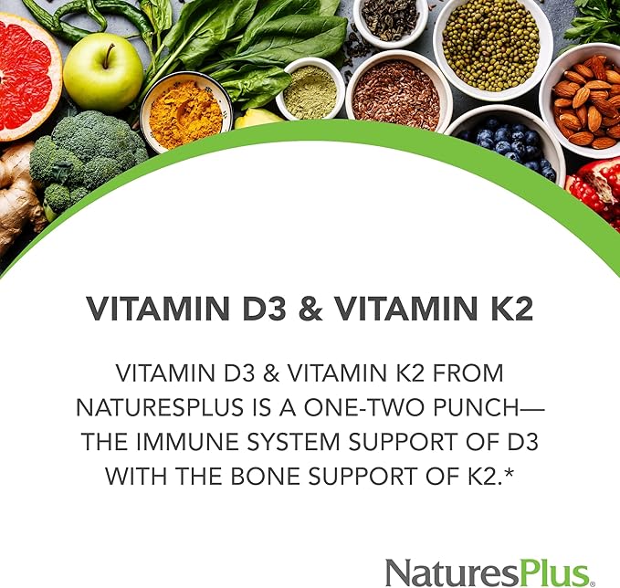 NaturesPlus Vitamins D3 (1000 IU) & K2 (100 mcg) - Vegetarian, Gluten Free - 90 Capsules, 90 Servings