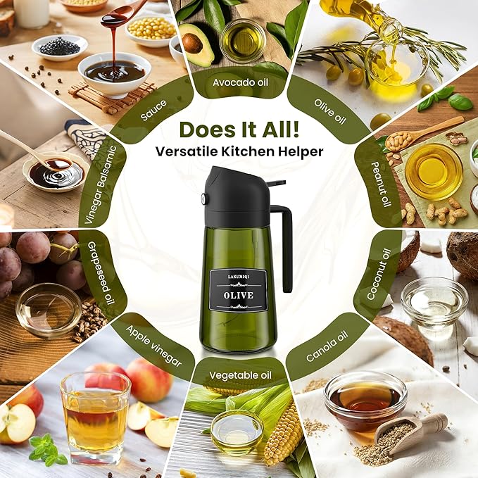 2 in 1 Oil Sprayer for Cooking 16oz, Green Light-Blocking Glass Olive Oil Dispenser Bottle, Food-Grade Oil Mister with 8 Stickers for Kitchen Salad Frying