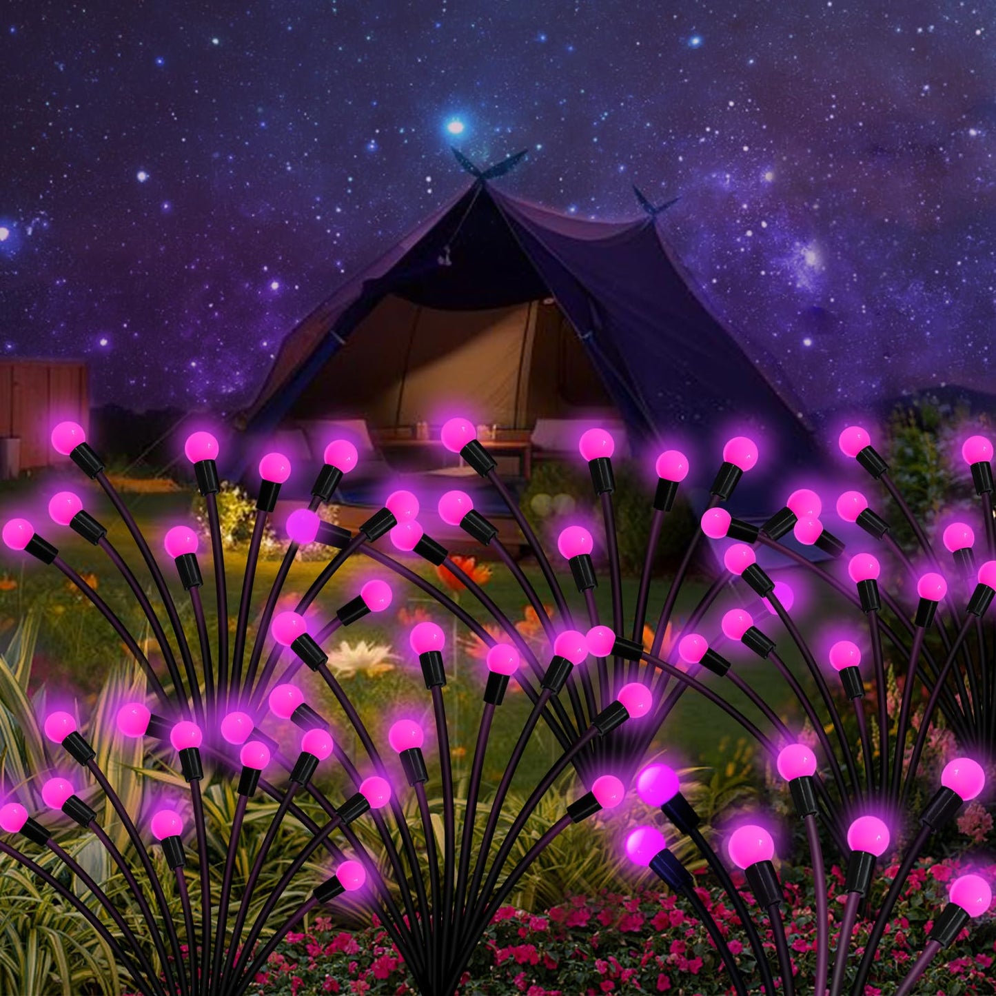 Kohlrabi Solar Garden Lights, 20 LED Pink Firefly Lights, Waterproof, 2 Pack