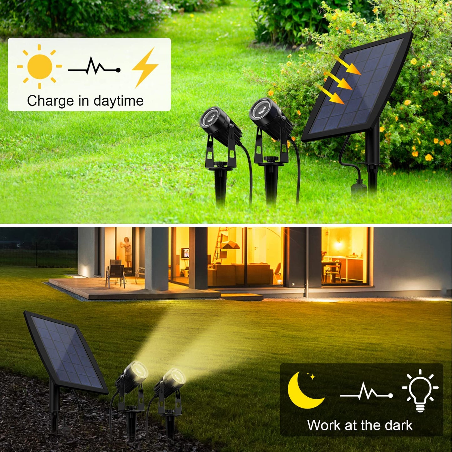 DINGLILIGHTING LED Solar Landscape Spotlights, 2-in-1, Warm Light, Model WS-FPS2-2B, Waterproof Outdoor Lighting for Yard and Garden