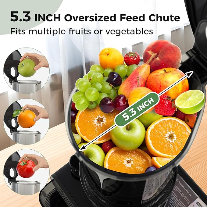 ARLIME Cold Press Juicer, Slow Masticating Juicer w/ 5.3 Inch Large Feed Chute, Juice Extractor w/Reverse Button & Cleaning Brush, Easy to Clean, Juicer Machine for Whole Vegetables & Fruits