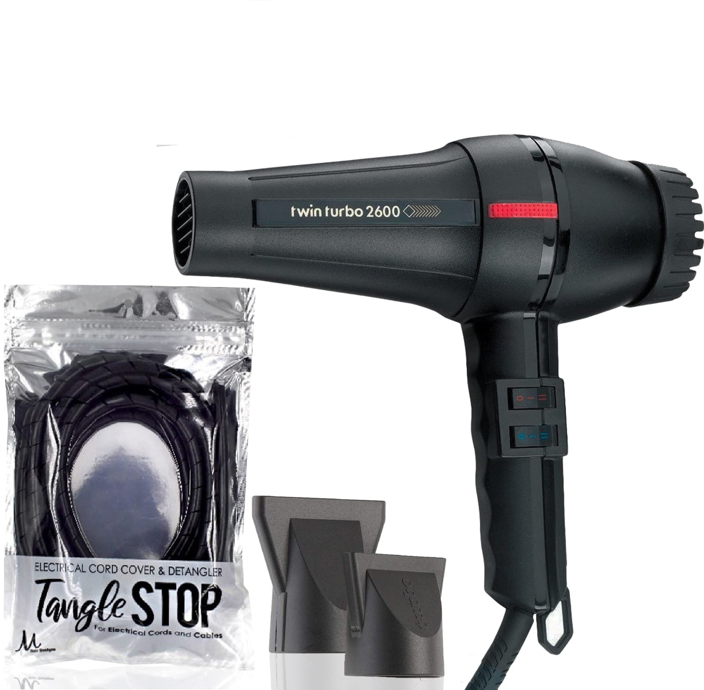 Turbo Power Twin Turbo 2600 Black Hair Dryer + M Hair Designs Tangle Stop Cord Detangler (Bundle) - Fast Drying Professional Blo