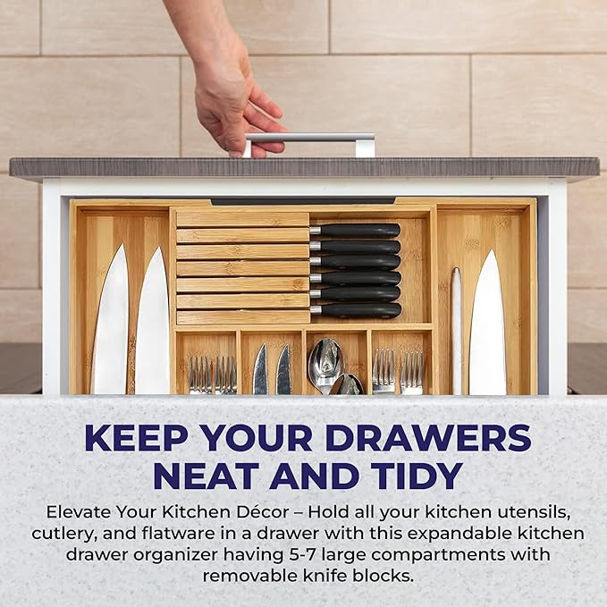 NEW Bamboo Wood Drawer Organizer with Silverware and Knife Block - 12.75-22 x 17 x 2 In (Brown)