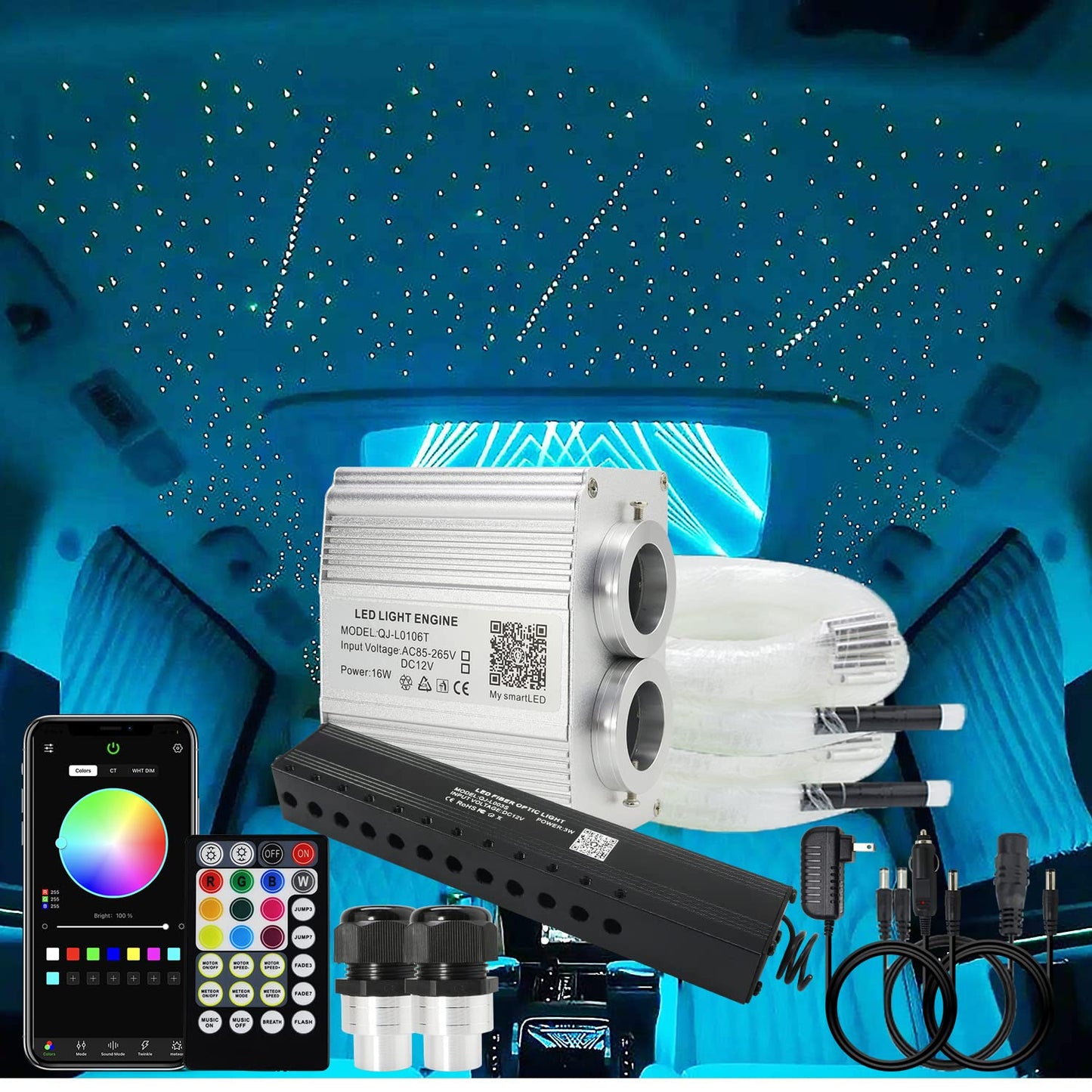 AKEPO Fiber Optic Lights Kit, Dual Head Meteor Light, 16W RGBW, 9.8ft/3m, Model QJ-L0106T, Colors: Blue, Green