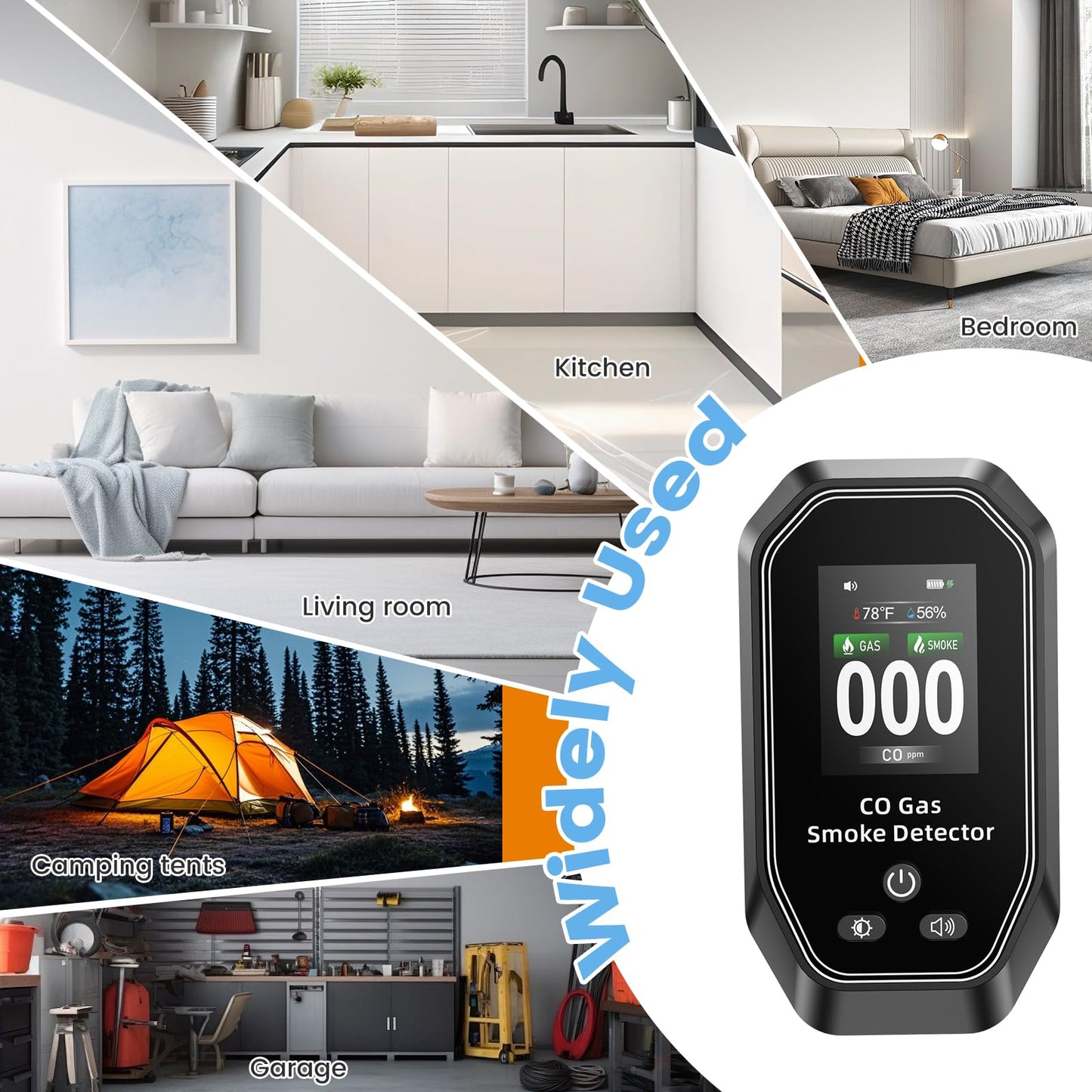 6-in-1 Portable Carbon Monoxide Detectors Plug in, MODOFO TOOL Smoke and Carbon Monoxide Detector with Built-in Battery, Natural Gas Leak Detector, HD Display for CO, Gas, Smoke, Temp, Humidity Black