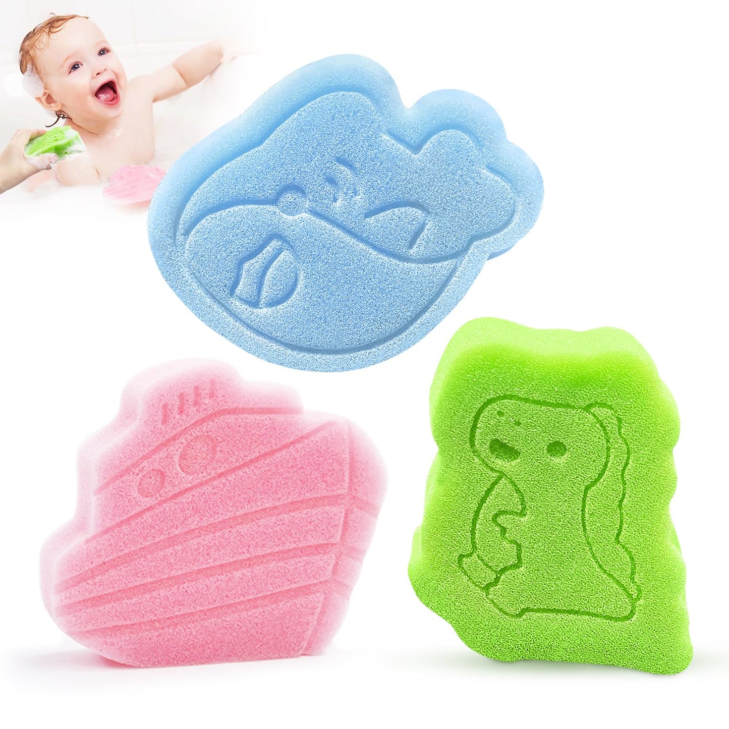 DANCELF Baby Bath Sponge, Natural Cute Shapes Soft Shower Sponges for Bathing, Bathtub Foam for Infants and Toddler, 3pcs : Blue
