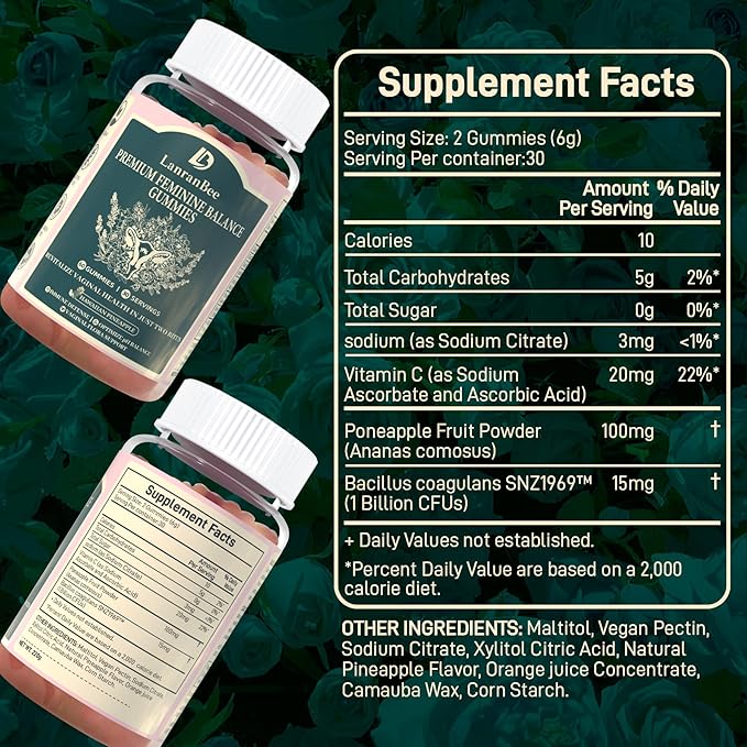 Feminine Balance Gummies for Women PH, Health & Wellness, Immune Support - Hawaiian Pineapple Flavor- Vegan, Gluten-Free, Vaginal Flora Balance- 60 Gummies