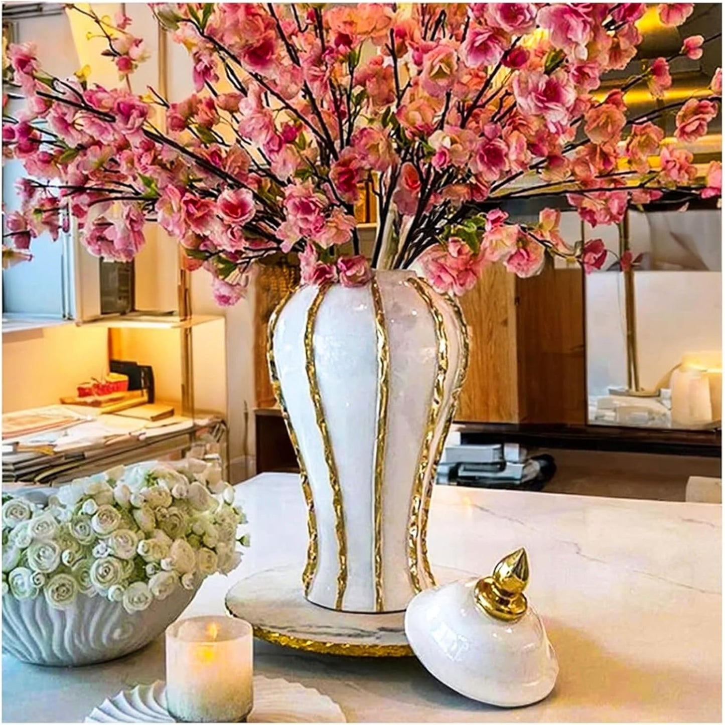 Ginger Jar, White Gold Ceramic Vase Large Handmade Porcelain Vases with Lid, White Gold Decorative Flower Vase for Home, Living Room, Weddings, Centerpieces (14in with Lid)