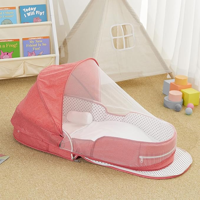 Baby Travel Bassinet Portable Bassinets, Foldable Carry Bag Bassinet Travel Crib, Lightweight Baby Lounger Pod Infant Bed with 2-1 Mosquito & Canopy (Pink)
