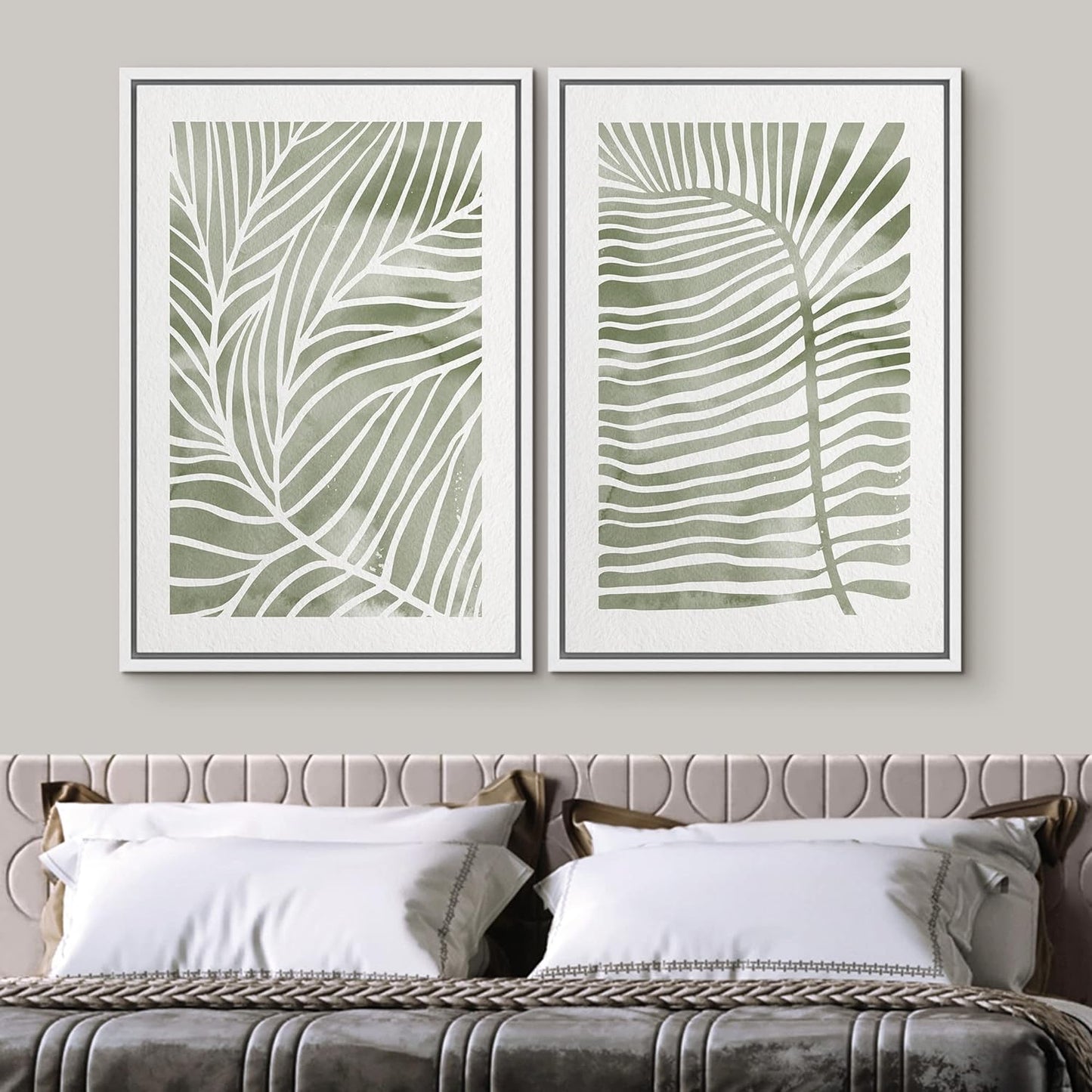 SIGNWIN Canvas Print Wall Art Set Green White Tropical Island Palm Leaves Nature Wilderness Illustrations Modern Art Rustic Multicolor for Living Room, Bedroom, Office - 16"x24"x2 White