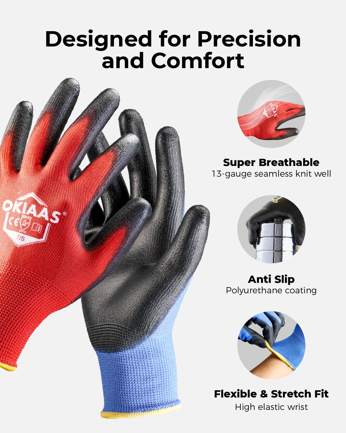 OKIAAS Men's Ultra-Thin and Lightweight Working Gloves with Grip, 12 Pairs, Black, Medium