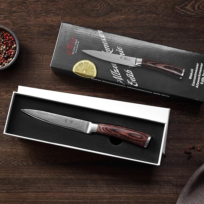 Wakoli EDIB Damascus Utility Knife – 4.9-Inch Kitchen Knife for Everyday Use | Genuine 67-Layer Damascus Steel Blade with VG10 Core | Ergonomic Pakkawood Handle | Premium Cooking Knife in Gift Box