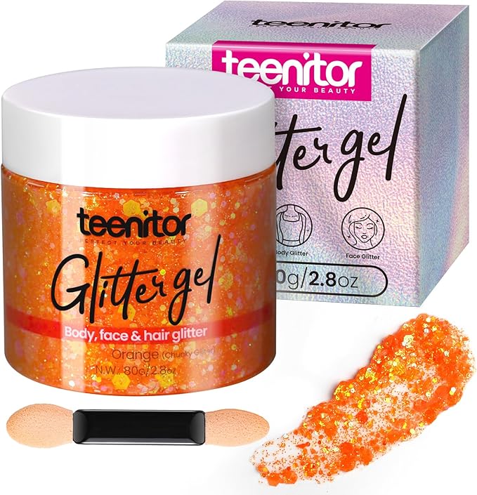 Teenitor Body Glitter Gel, Face Glitter, Orange Glitter for Body Makeup, 80g/2.8oz Face and Body, Hair Glitter Gel, Rave G...