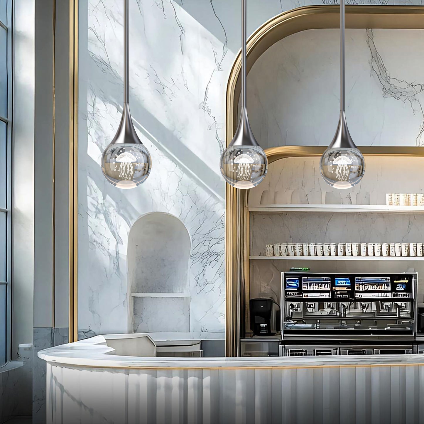 2-Pendant Lights Kitchen Island  Chrome Silver Crystal Globe Ceiling Hanging Light Fxitures  Led Lamp Metal Rod Ceiling Jellyfish Pendant Lighting For Kitchen Dining Room Bar
