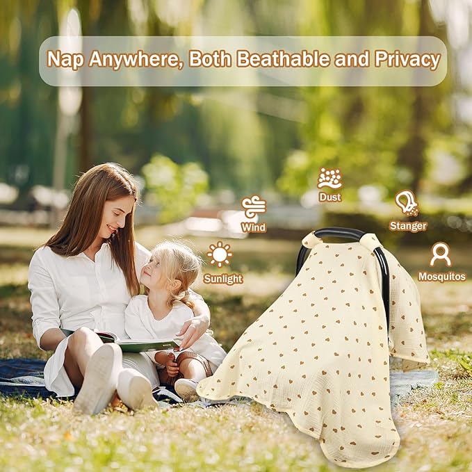 Hooyax 2-in-1 Baby Car Seat Cover & Nursing Cover, 100% Muslin Cotton, Breathable Car Seat Canopy and Privacy Breastfeeding Cover, Tiny Heart