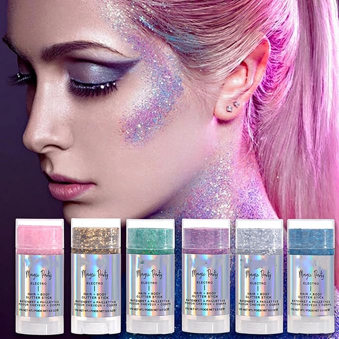 MAEPEOR Body Glitter Stick 6 Colors Holographic Mermaid Sequins Chunky Face Glitter Stick Singer Concerts or Music Festival Rave Body Makeup (Color 03)