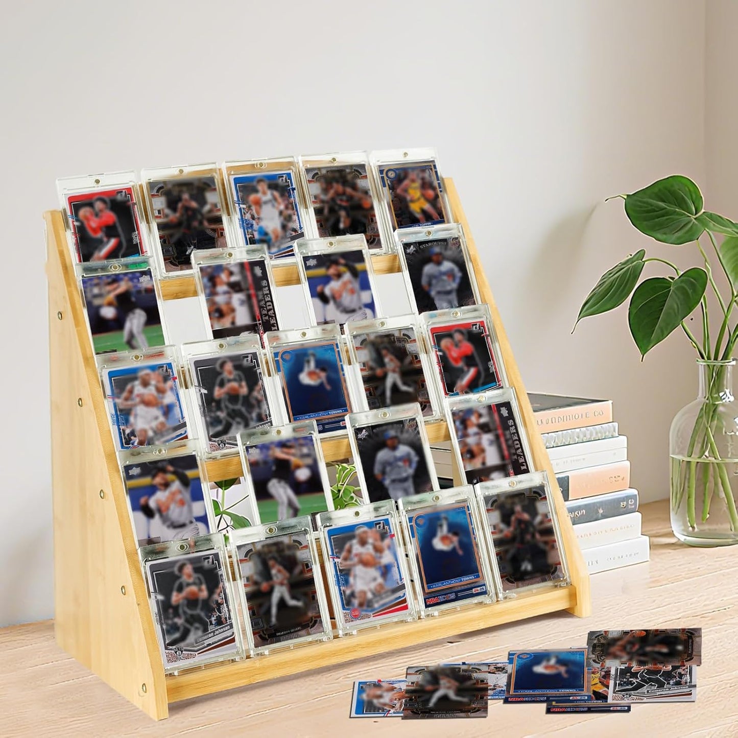 Trading Card Display Stand,5-Tier Bamboo Baseball Card Display Case, 35 pt Sports Card Display for Card Game Collection (Burlywood)