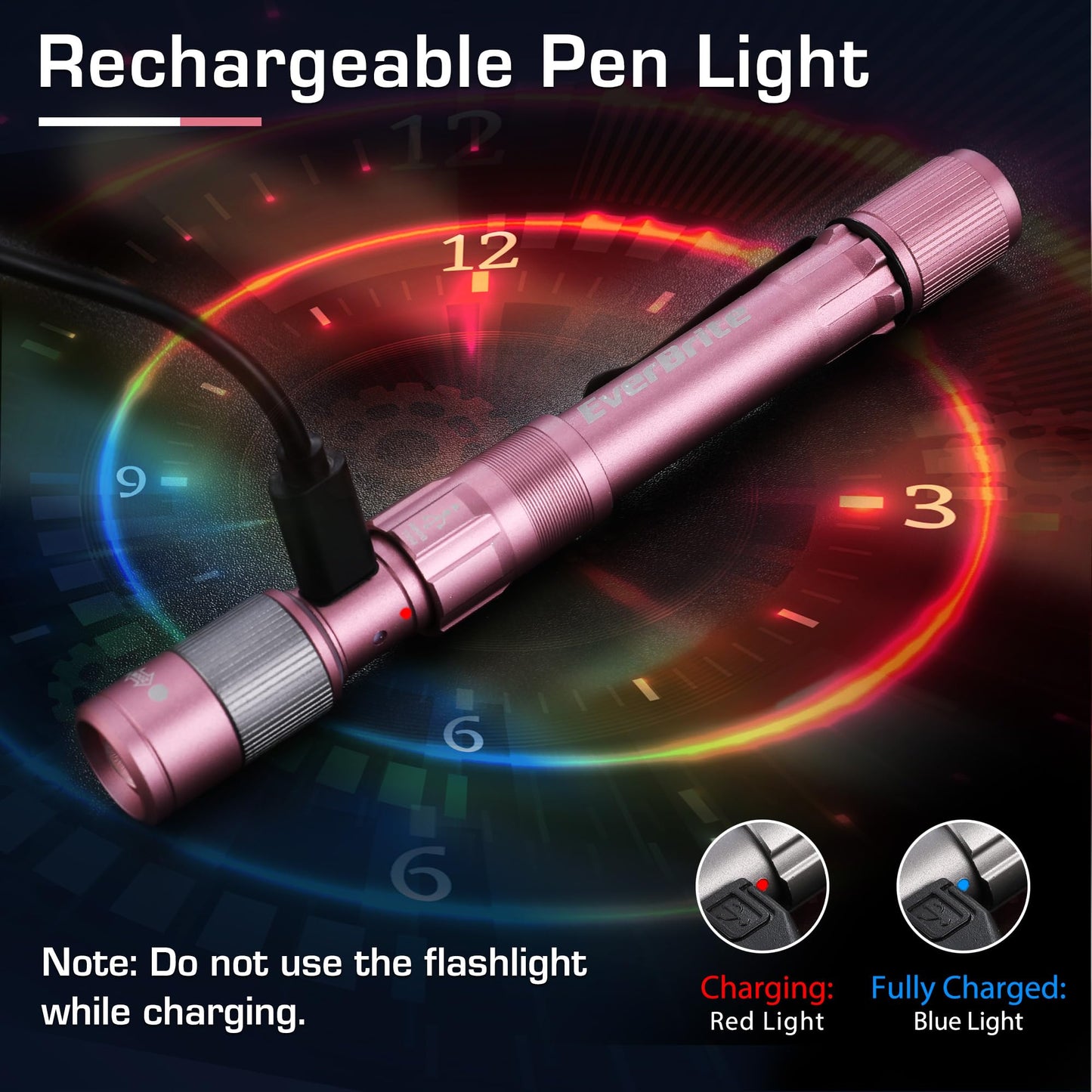 Everbrite Pen Light  Rechargeable Pen Flashlights  300 Lumens Zoomable Led Small Flashlight With Clip  Memory Function  Usb-C Cable Included  Pocket Size For Camping  Emergency  Mechanic  Pink