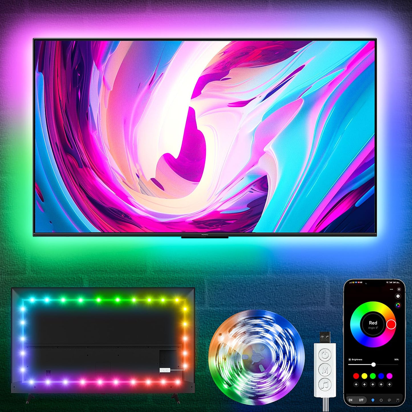 KSIPZE LED TV Backlight Strip, 16.5ft RGB, Bluetooth & Button Control, USB Powered, for 45-75 Inch TVs, Multicolor, Model ST5205