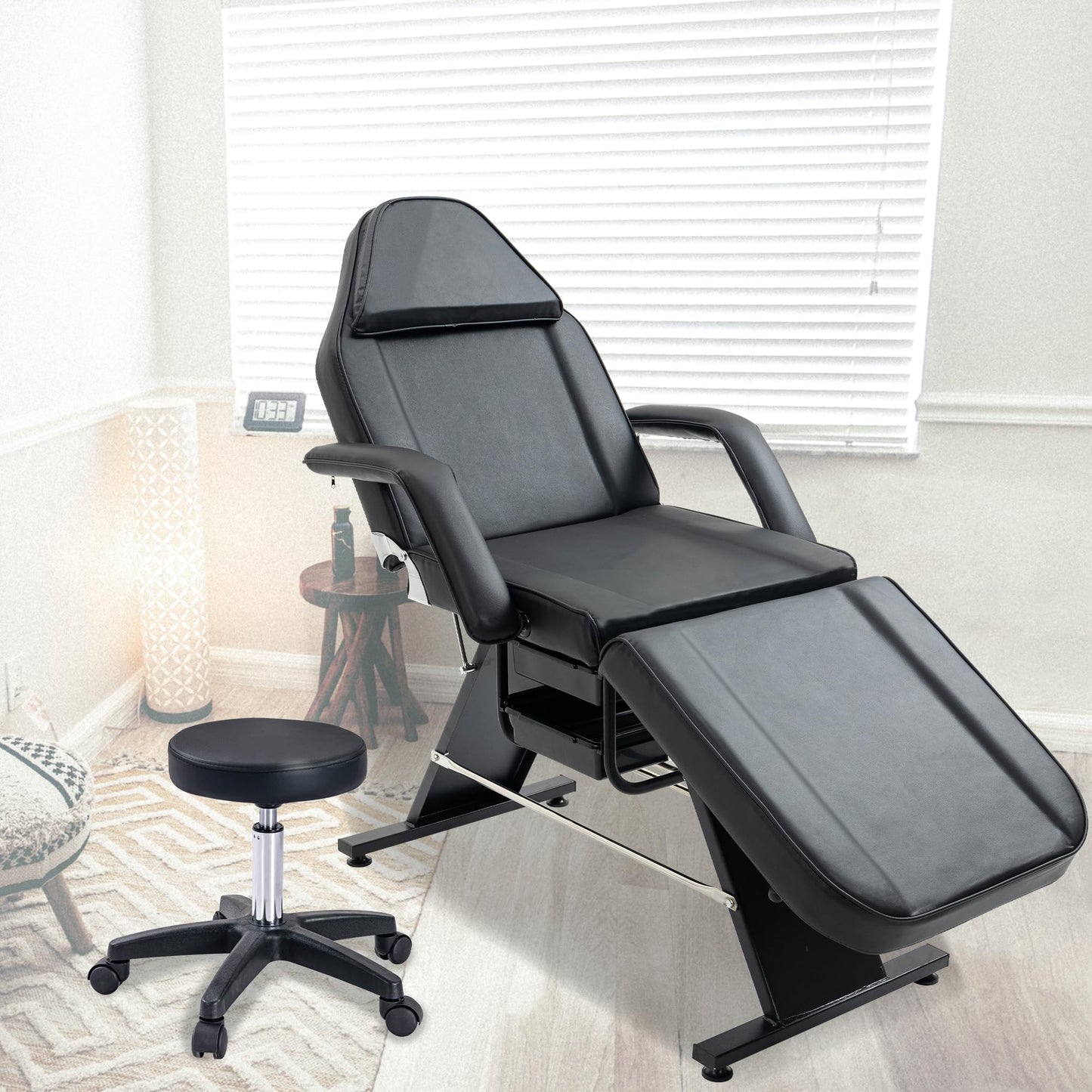 VroomAuto Professional 3-Section Hydraulic Facial Bed & Massage Chair with Stool, Adjustable Esthetician Table for Spa, Tattoo, Beauty Salon, Black