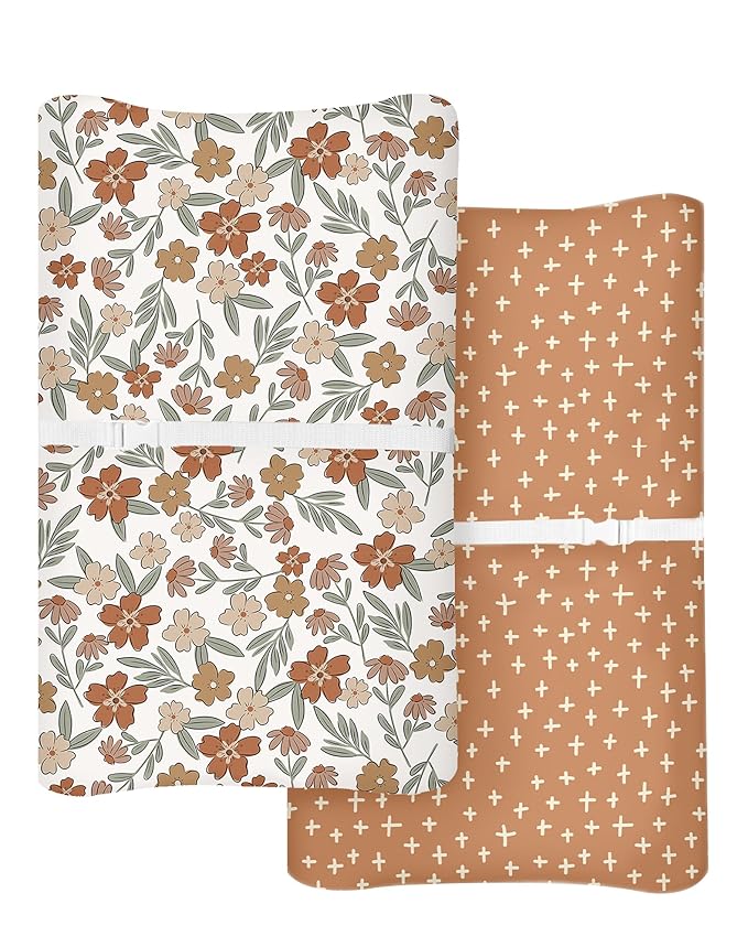 Changing Pad Cover for Baby Boys Girls 2 Pack, Fits Standard 32”×16” Changing Table Pads, Silky Breathable Stretch Knit, Machine Washable (Rusty Garden)