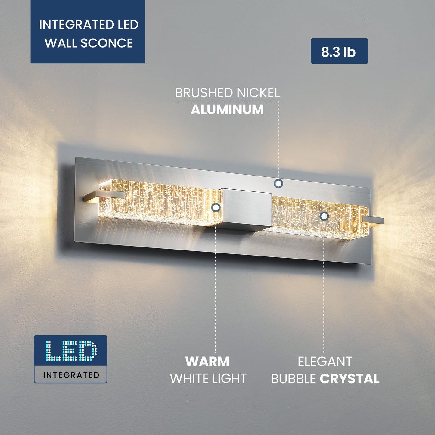 Woshitu Led Wall Sconce Light: 19 Inch Nickel Modern Sconces Wall Lighting 3000K Dimmable Crystal Wall Lamps Indoor Bathroom Sconce Wall Mount Light Fixtures For Living Room/Bedroom/Hallway