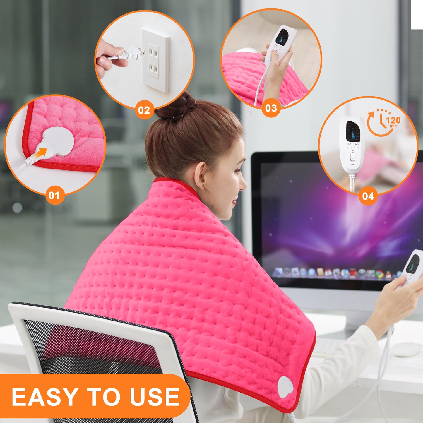 Deepsoon Heating Pad,Electric Heating Pads for Back,Neck,Abdomen,Moist Heating Pad for Shoulder,Knee,Arms,Legs,Dry/Moist Heat & Auto Shut Off,Christmas Gifts for Men and Women,Fuchsia,33x17 Inch