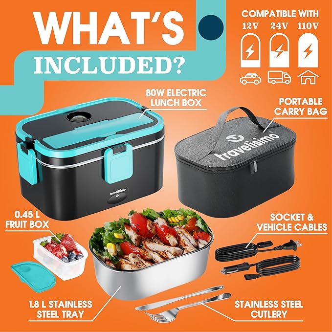 TRAVELISIMO Extra-Large Electric Lunch Box For Adults Holds up to 8 Cups - 80W Heated Lunch Box 1.8L Electric Food Warmers for Travel & Work, Portable Food Warmer - Loncheras Para Hombres De Trabajo