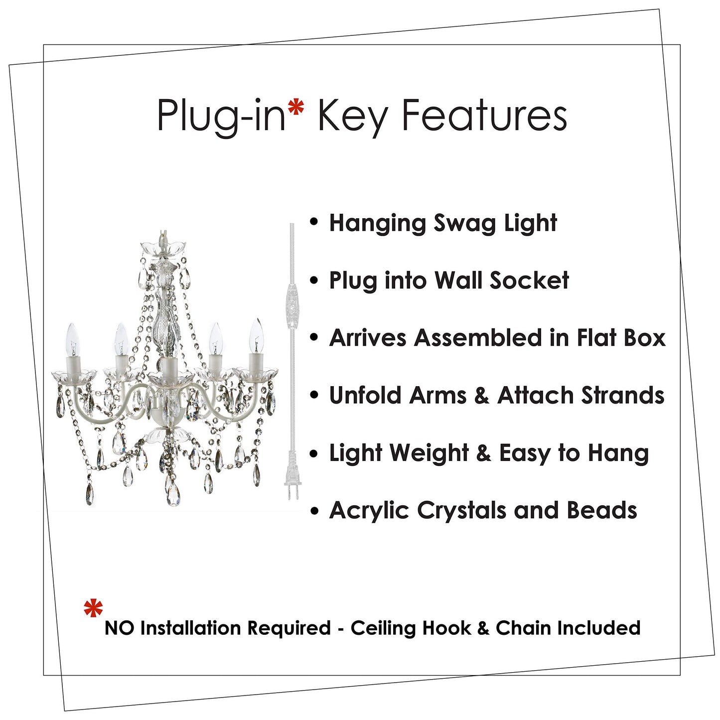 Gypsy Color Plug-In 5 Light Crystal White Chandelier, H21Xw19, Acrylic Crystals, Metal Frame, Model Gymdclp