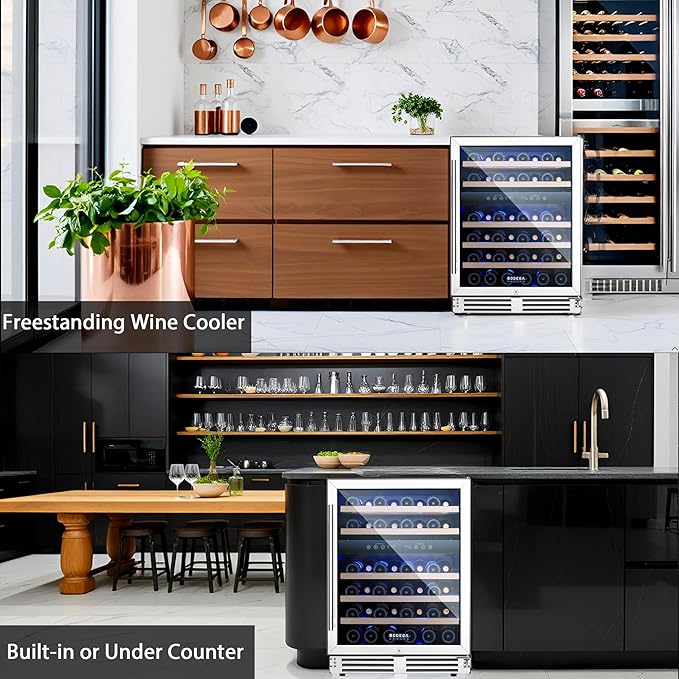 BODEGA 24 Inch Wine Cooler Refrigerator, 46 Bottle Dual Zone Wine Fridge with Double-Layer Tempered Glass Door,wine refrigerator with Temperature Memory Function, Built-in or Freestanding wine cooler.