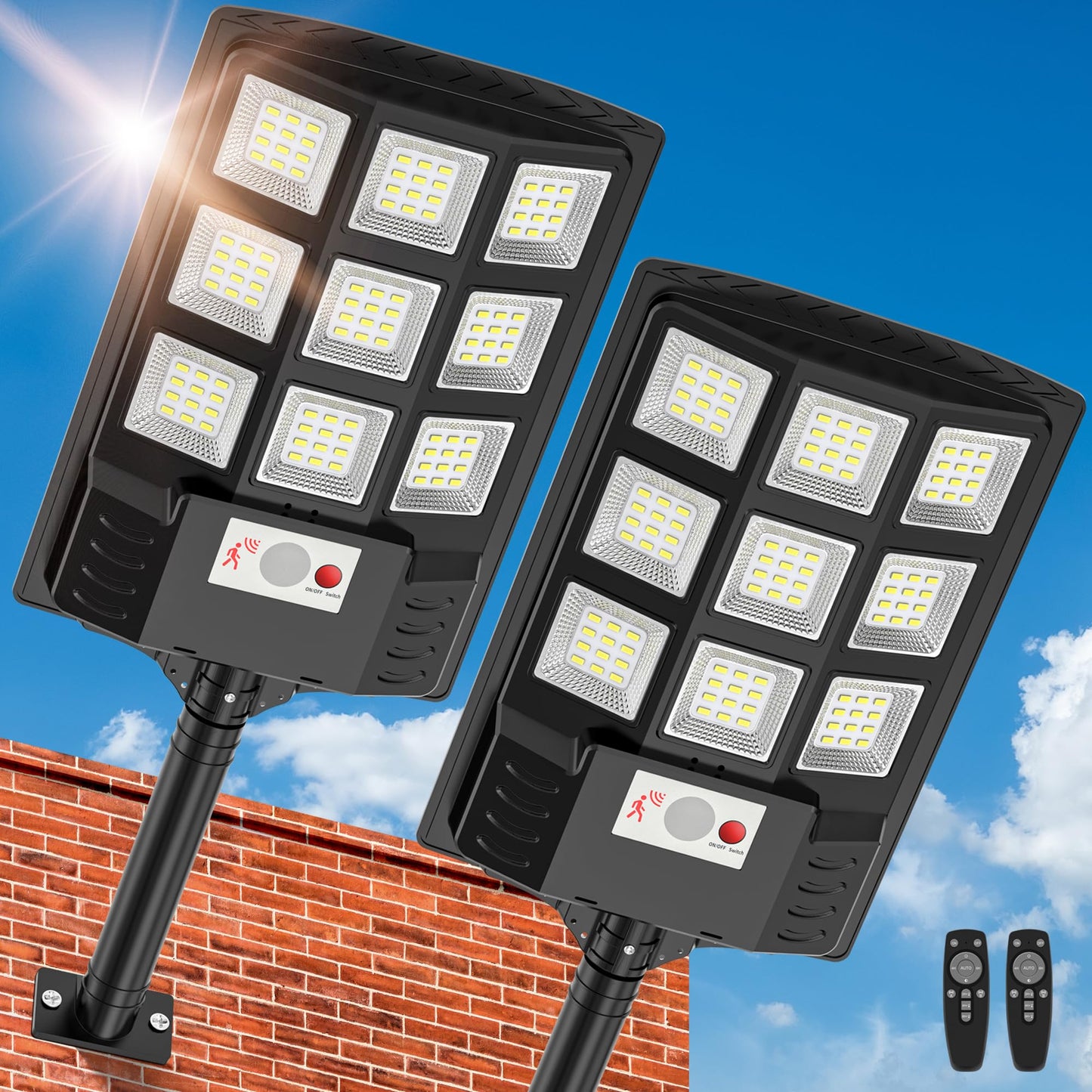 Vipzon Solar Street Lights Outdoor, IP66 Waterproof, 6500K LED, Motion Sensor, Remote Control, 1500W, Black, 2-Pack