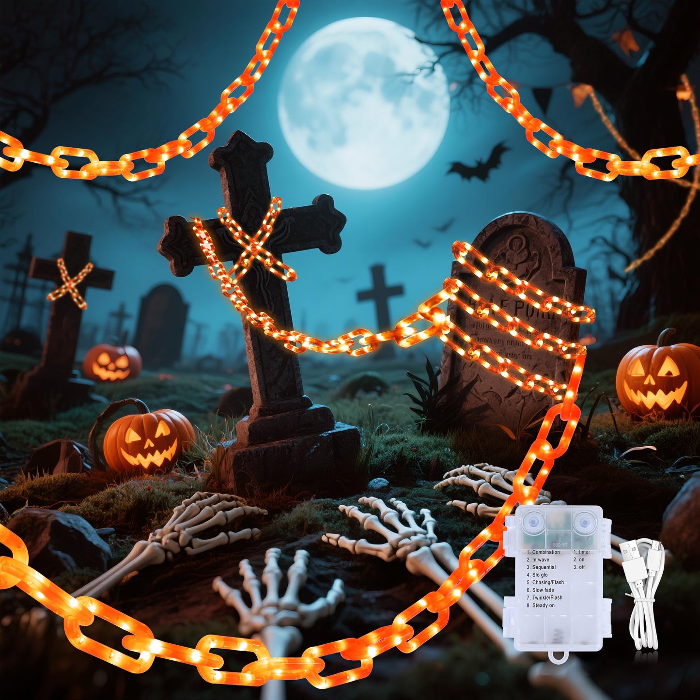 YOUNGAR Halloween String Lights, 175LED, Battery/USB Operated, 13.7ft, Orange, 8 Modes for Indoor/Outdoor Decorations