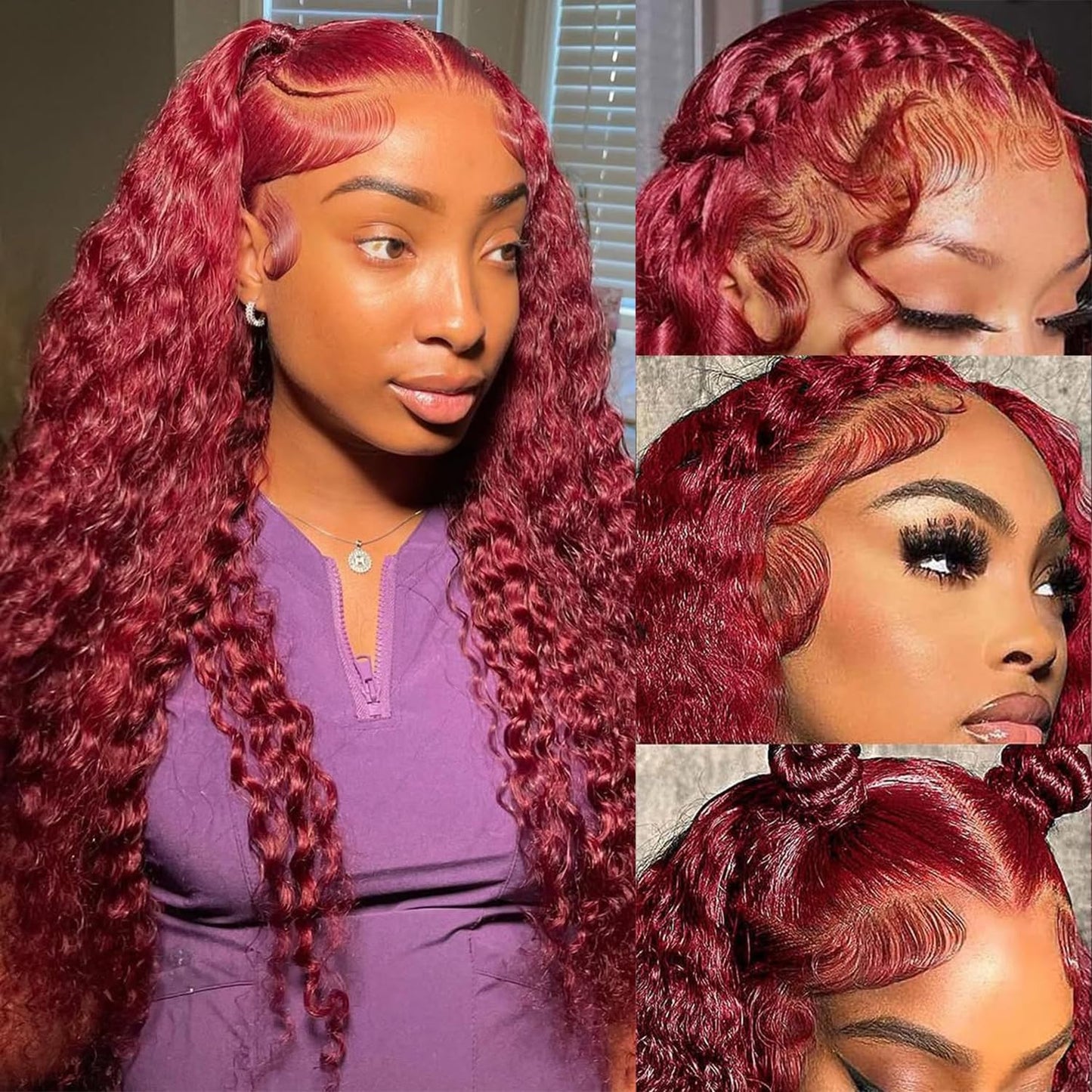 Simeider 26" Burgundy Lace Front Wig - Human Hair, 13x6 Deep Wave, Curly, Pre Plucked, 200 Density